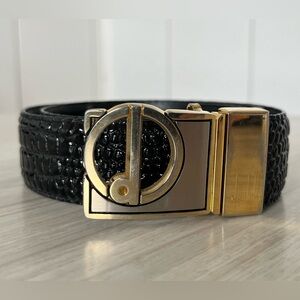 Dunhill Black Croc-Embossed Leather Belt with Silver and Gold-Tone Logo Buckle